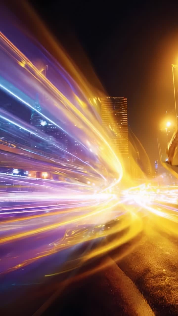 Vivace paesaggio notturno cittadino: scie luminose dinamiche trasmettono movimento ed energia attraverso le vie urbane, catturando l'essenza dell'architettura e dei trasporti moderni