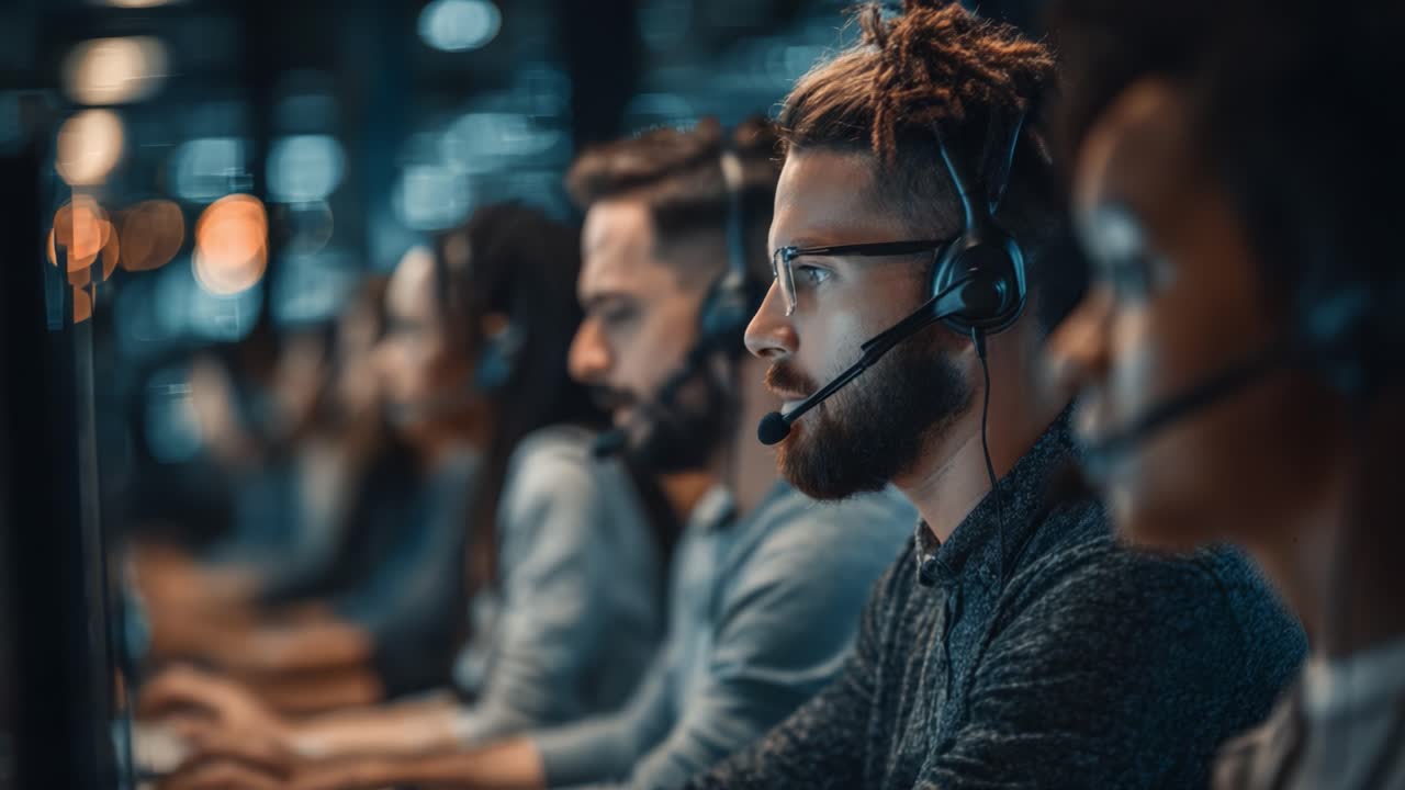 Focused Individuals Engaged in Computer Activities with Headsets in a Dimly Lit Environment, Showcasing Concentration and Teamwork in a High-Tech Setting