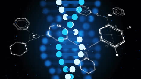 dna strand and chemical structures, scientific data processing animation