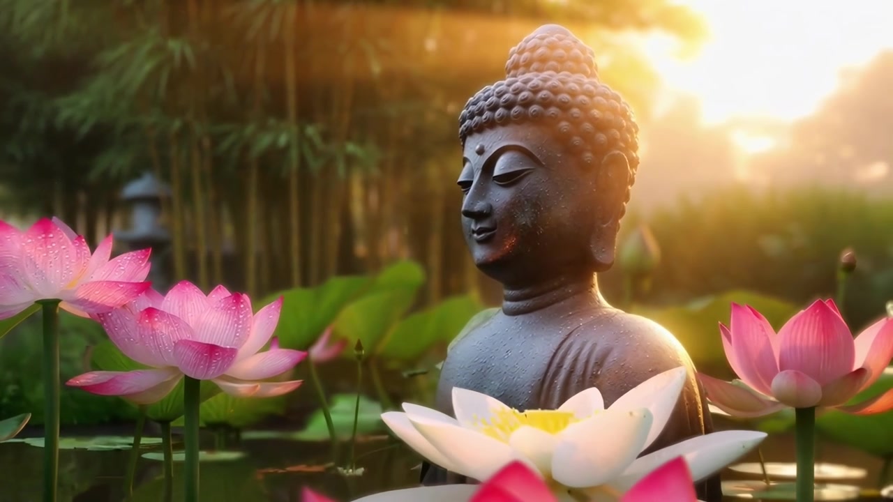 Statua pacifica di Buddha e fiori di loto in un giardino sereno all'ora d'oro