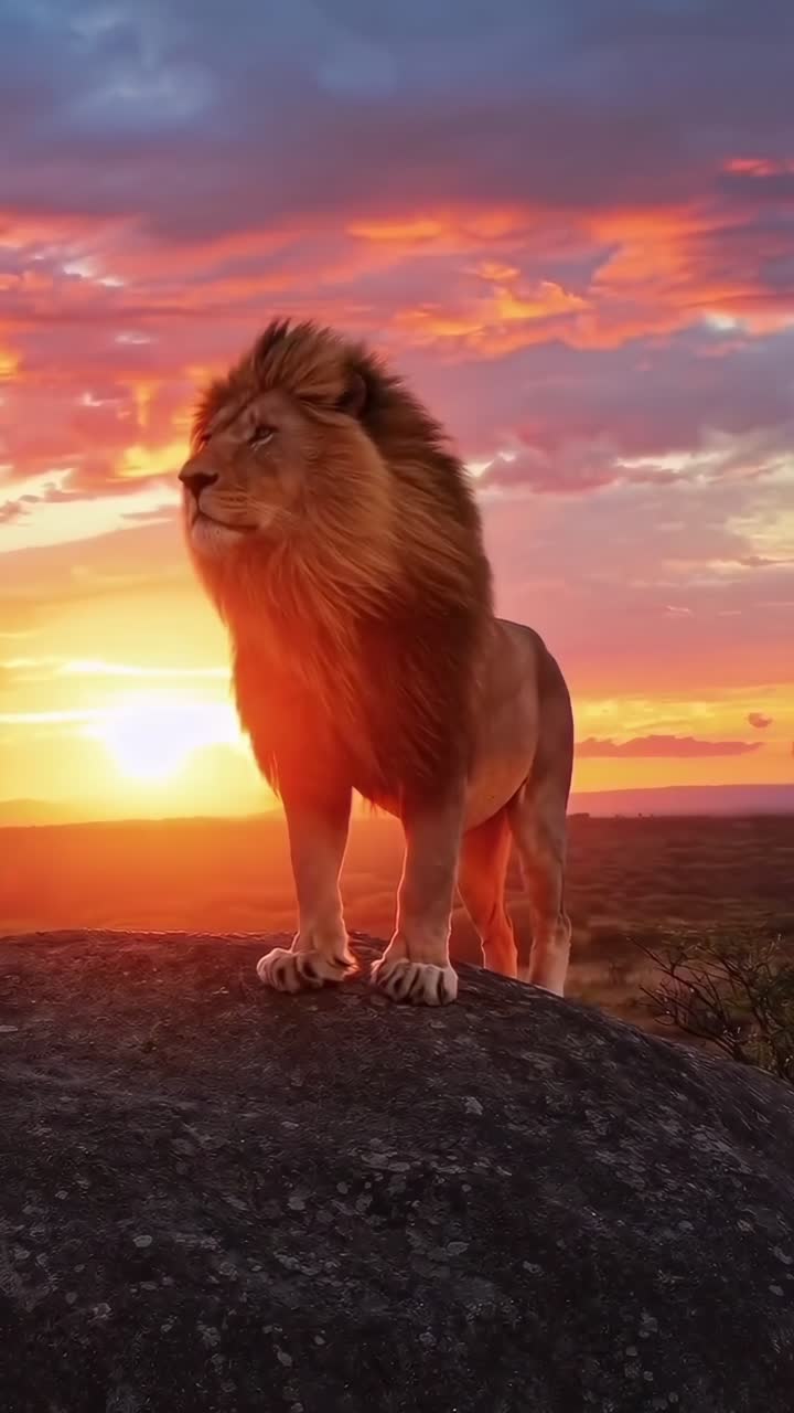 Majestátní lev na skále při západu slunce, zachycený z podhledu. Ideální pro video z divoké přírody. Živě.