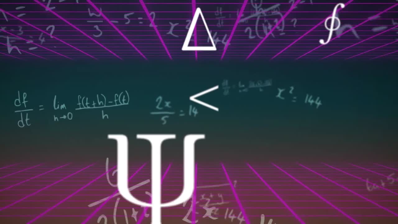 animación de ecuaciones matemáticas y símbolos en movimiento con cuadrícula iluminada sobre fondo negro