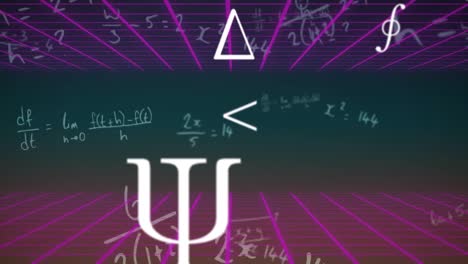 animación de ecuaciones matemáticas y símbolos en movimiento con cuadrícula iluminada sobre fondo negro