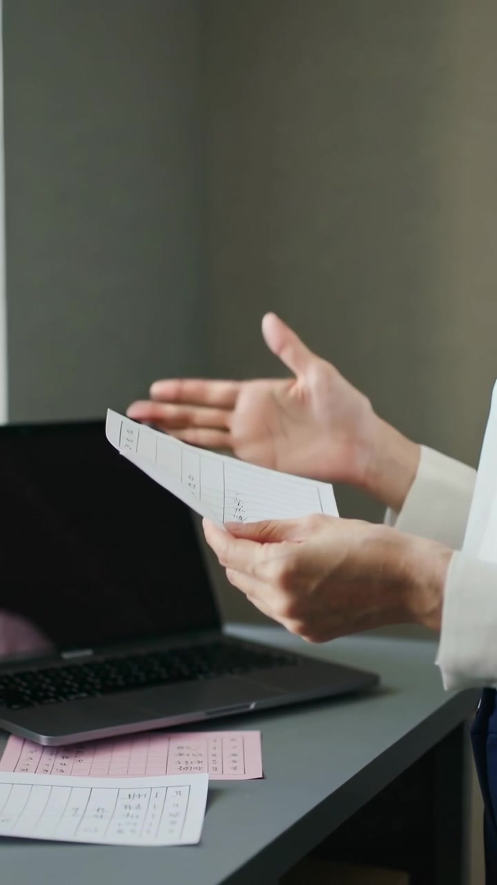 Vídeo vertical: Mulher de blusa branca alcançando e organizando papéis cor-de-rosa e brancos em uma mesa com laptop para revisar