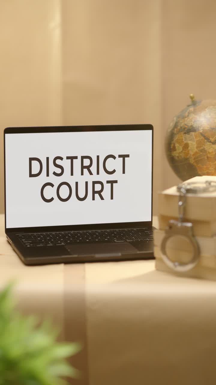 Video verticale di un tribunale distrettuale visualizzato sullo schermo di un laptop legale.