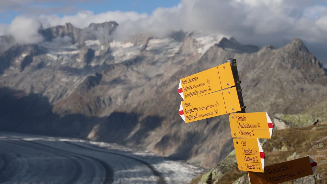 Sign marking mountain paths along the glacier, establisher