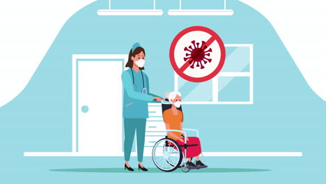 old woman in wheelchair with nurse stay at home for covid19 prevention method