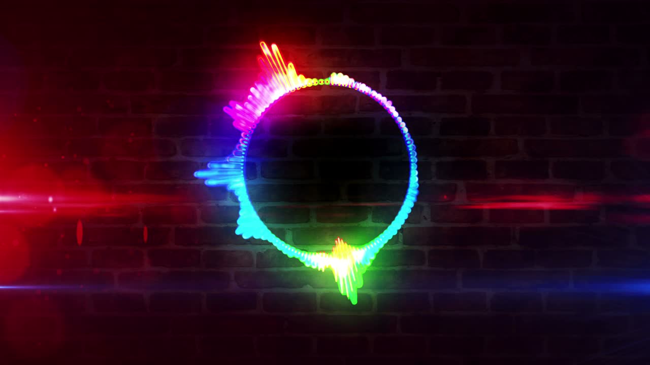 spettro audio musica neon segno neon su parete di mattoni