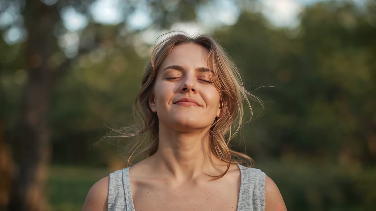 Donna sorridente con top grigio senza maniche, capelli mossi dalla brezza e petali arancioni che fluttuano nel bosco