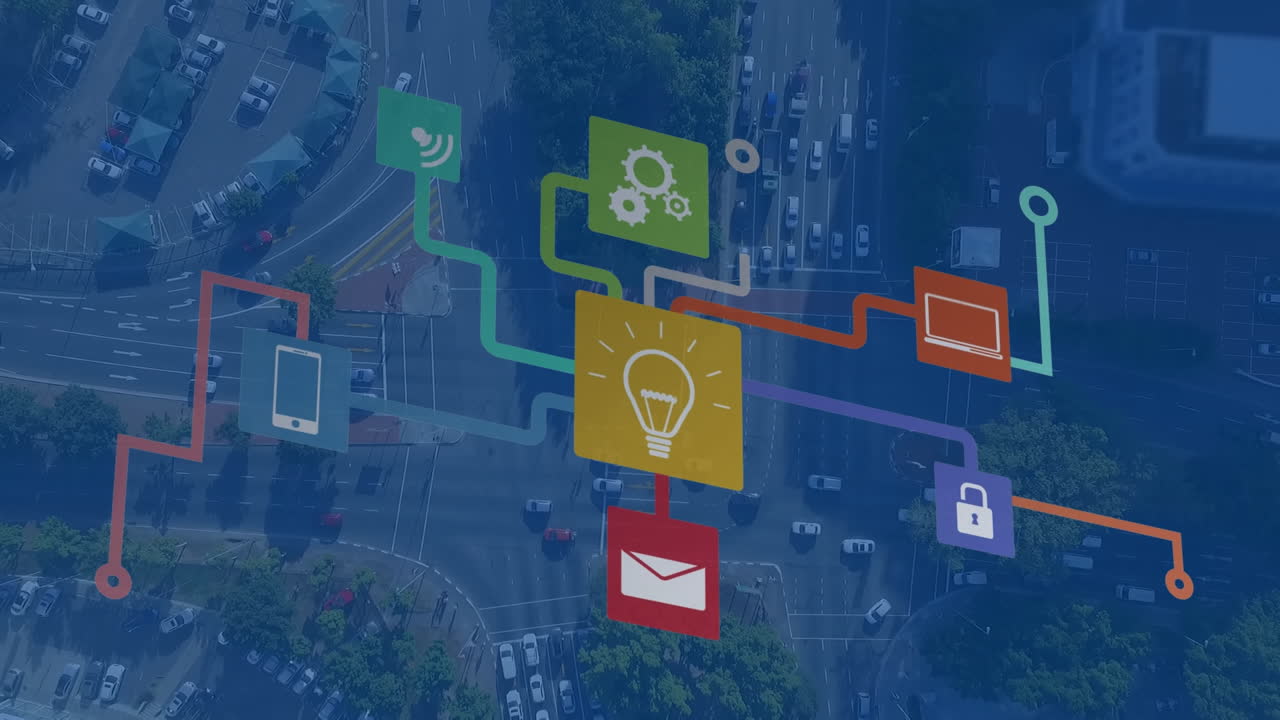 도시 풍경 위의 아이콘으로 연결된 네트워크의 애니메이션