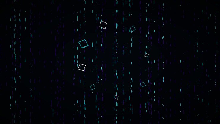 Abstract Digital Background with Floating Geometric Shapes and Vertical Light Streaks