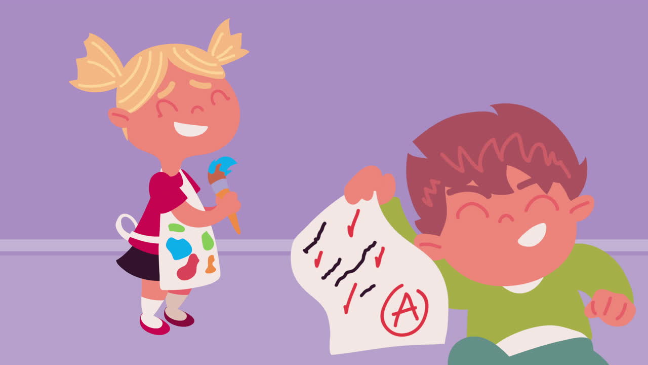 행복한 아이들, 한 명은 미술을 하고, 다른 한 명은 좋은 성적을 얻었습니다.