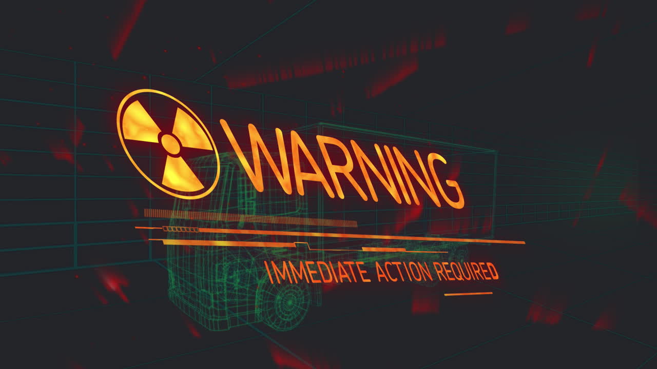 animación del texto de advertencia modelo de coche 3d sobre cuadrícula sobre fondo negro.