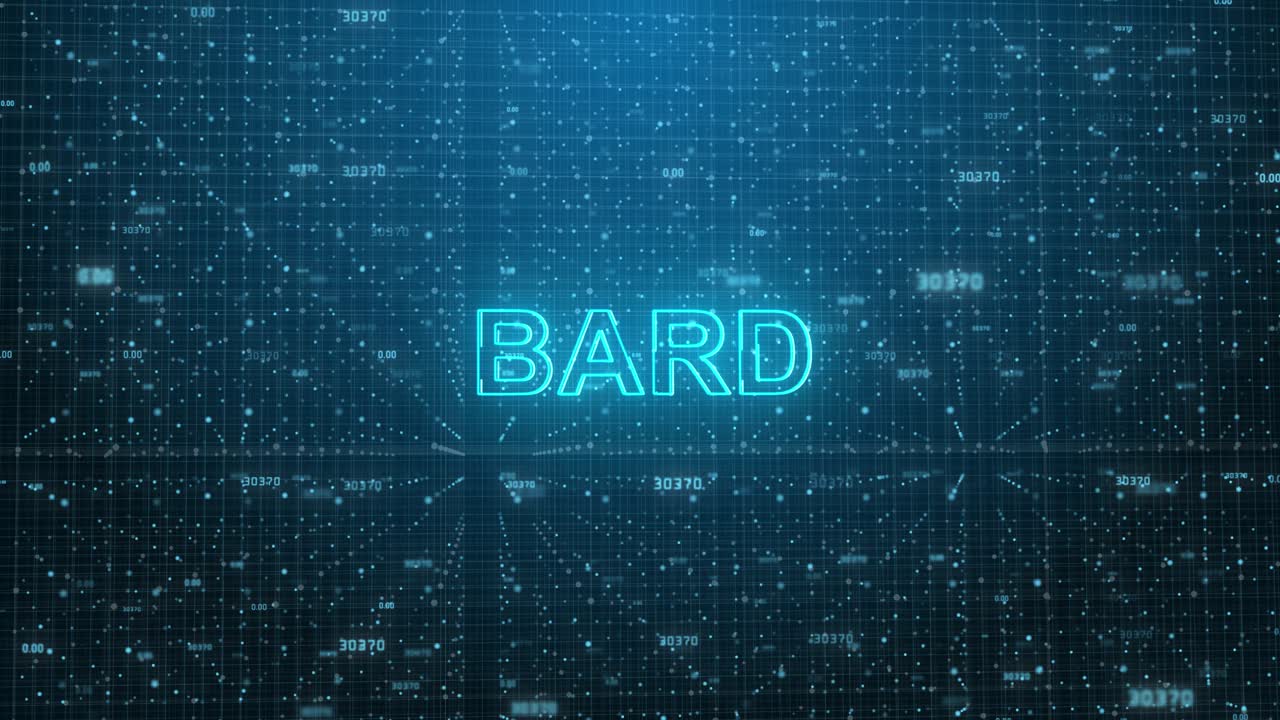 Bard Text on Futuristic Cyberspace Background. 3D Grid and Binary Numbers