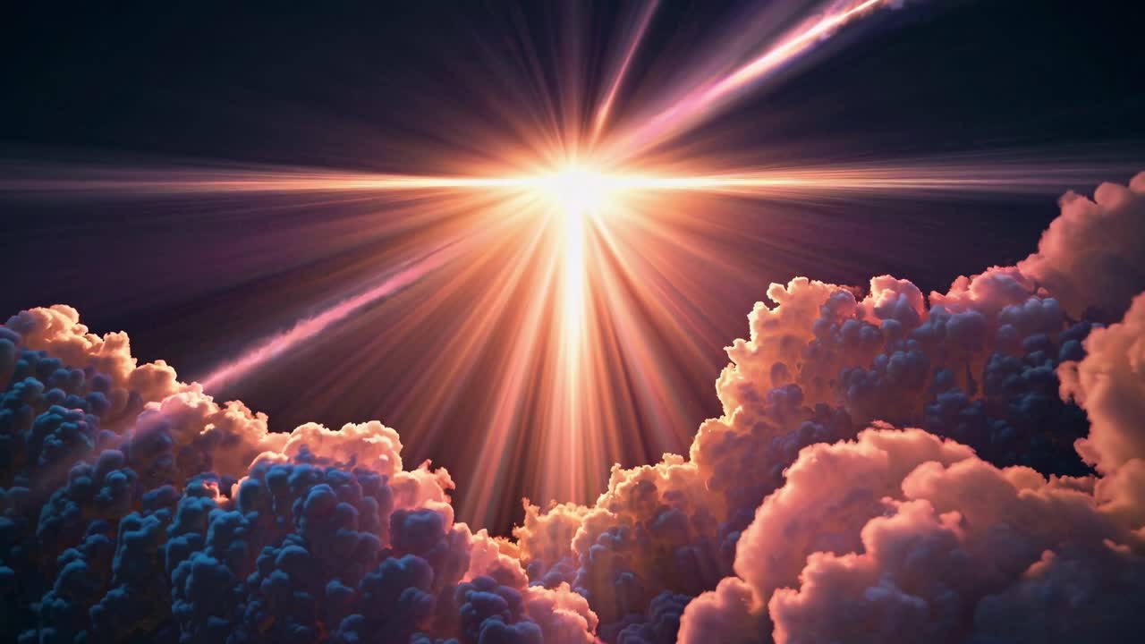 A dramatic, cinematic view of a radiant sunburst breaking through clouds, captured from a low angle