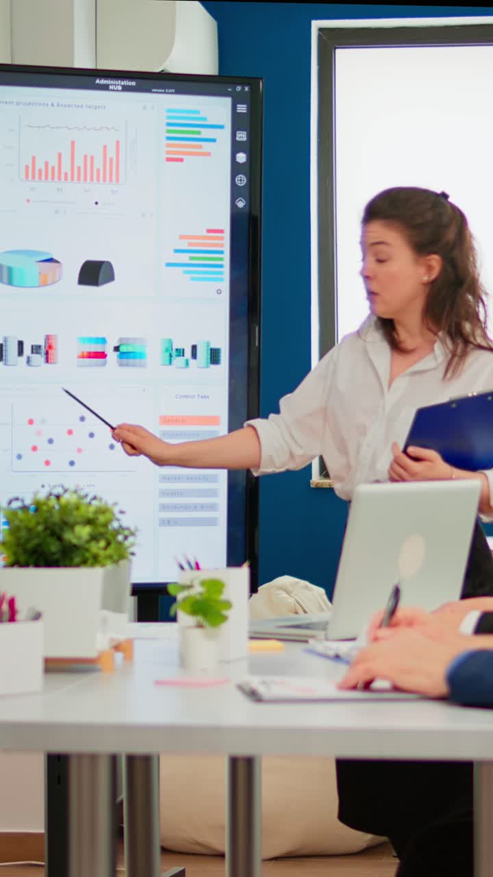 Vertical video Female executive leader coach presenter giving financial presentation