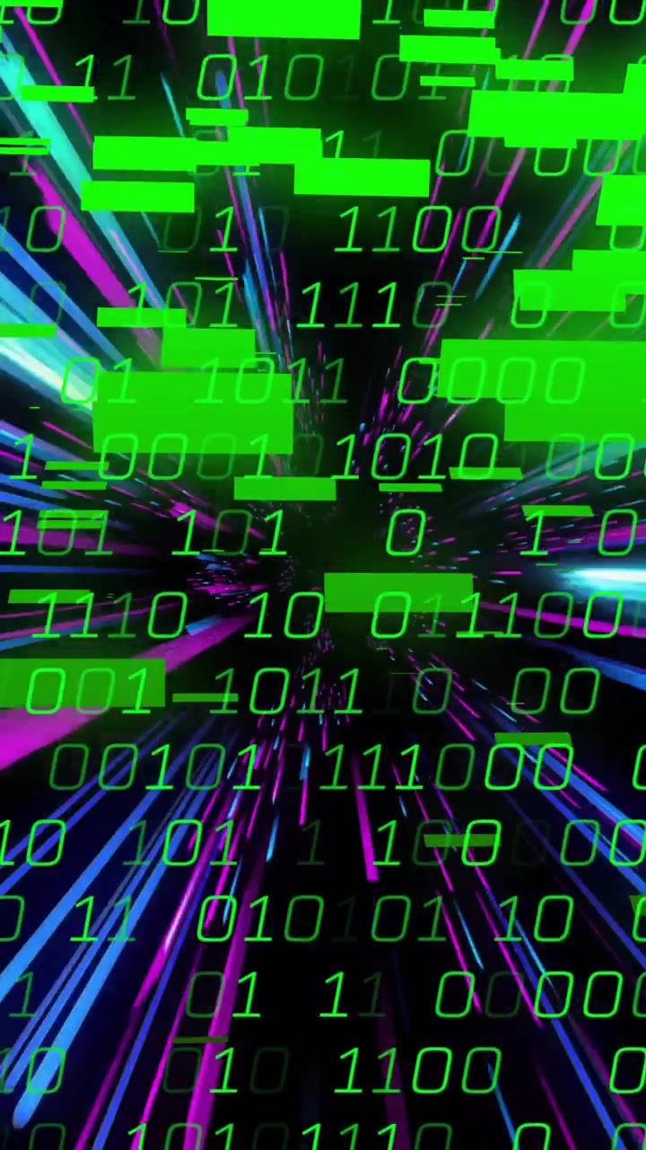 Binary code and data stream animation over colorful light streaks
