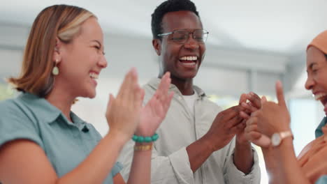 clapping, celebration and happy people in office