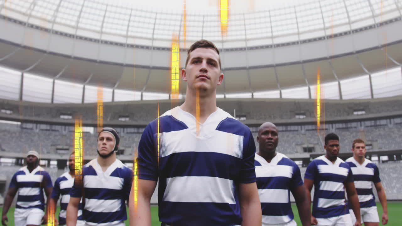 In stadium, rugby players in striped uniforms standing confidently with animation lighting