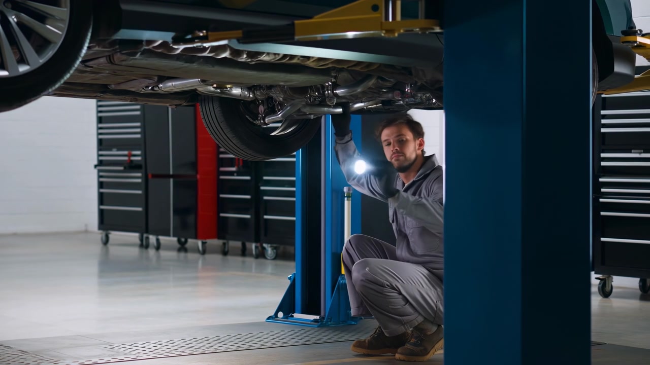Crouching worker sweeps flashlight across exposed vehicle underside while checking visible components on raised car, with bright floor, metal pipes, tires, and tool cabinets in view.