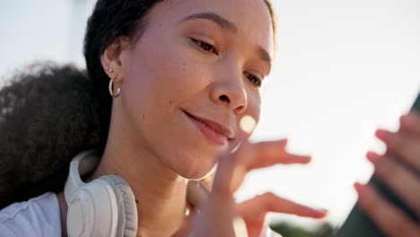 outdoor, fitness and woman with smartphone