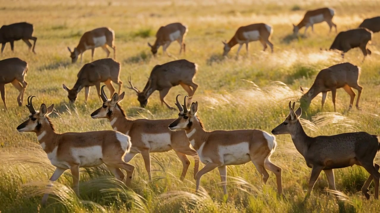 Walking antelopes lifting heads and moving right across golden grasses, passing grazing horned herd