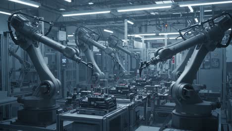 A Futuristic Automated Manufacturing Facility Showcasing Advanced Robotic Arms in Action, Fine-Tuning Precision with Complex Machinery and Innovative Technology