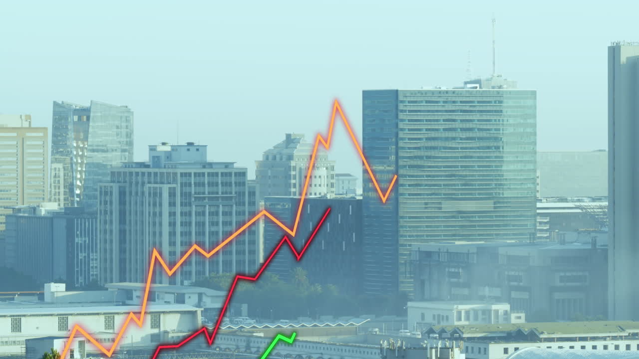 도시 풍경에 대한 선의 애니메이션과 금융 데이터 처리