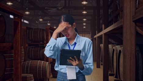 asian female professional worker standing with her tablet in cellar of winery, she is nodding her shead with dissapionted