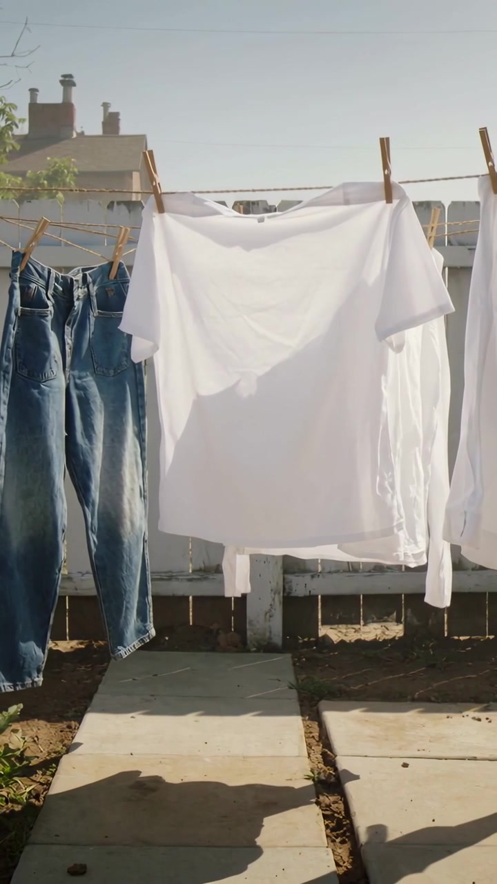 Vertical video: Billowing center white tee swaying in yard as gentle breeze lifting line with jeans