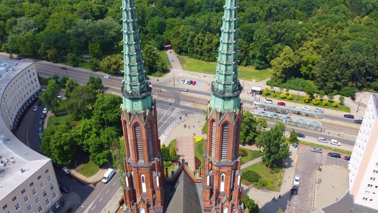 Aerial view of St. Michael's Cathedral Twin Towers and nearby highway in with landscape in background Warsaw, Poland.