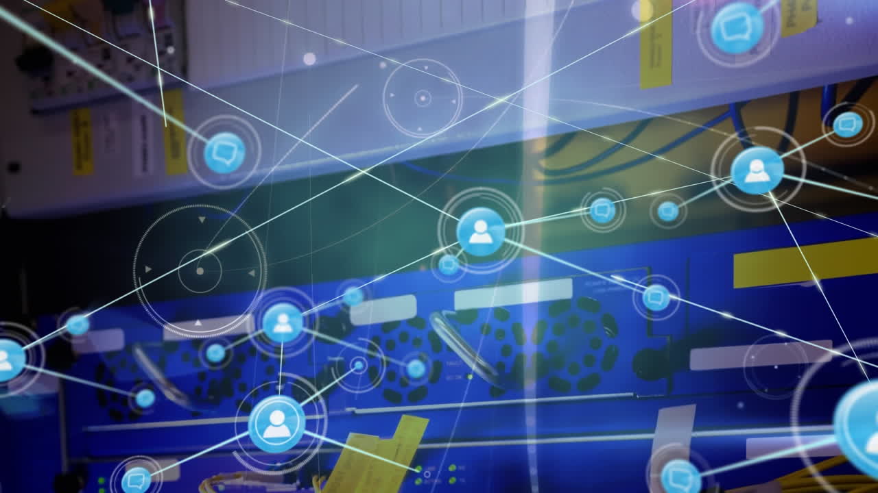 사람들과의 연결 네트워크의 애니메이션 아이콘과 데이터 처리