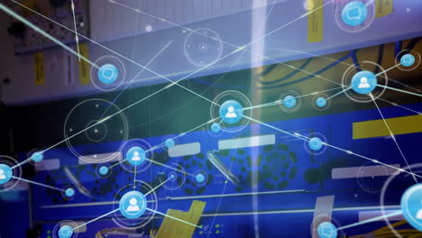 animation of network of connections with people icons and data processing