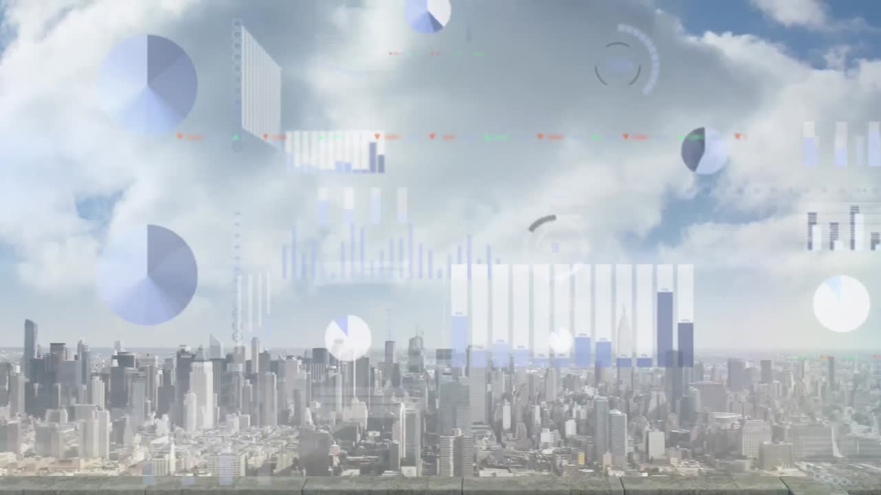 Animation of financial data processing over cityscape
