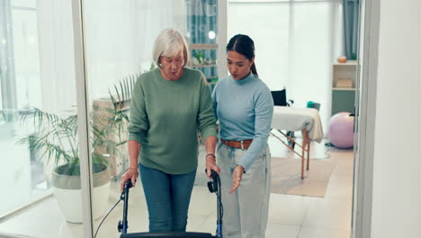 Woman,-physiotherapist-and-patient-with-walker