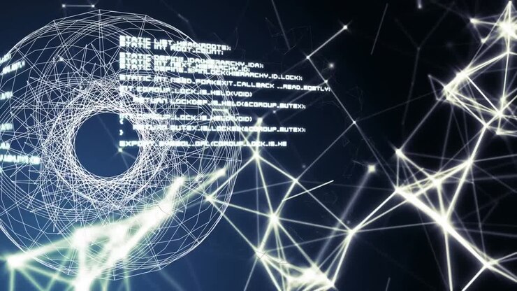 Animation of networks of connections and data processing over black background