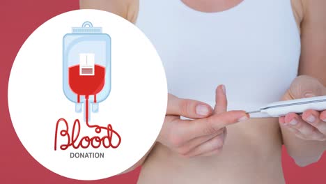 animation of blood donation text with blood bag logo over woman taking pinprick blood test