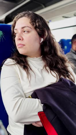 hopeful young woman looking up on bus