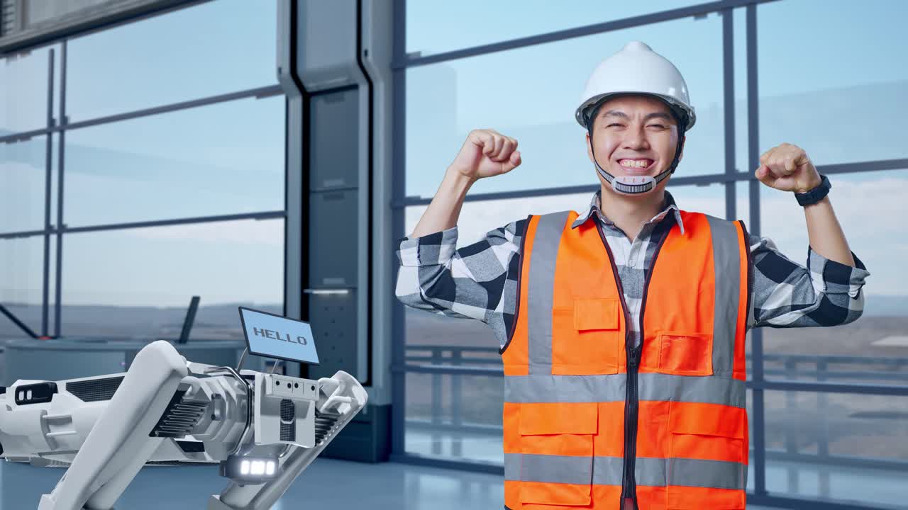안전 헬을 입은 아시아 남성 엔지니어가 하이테크 공장에서 로 기계 개념을 분석하며, 팔다리를 구부리고 카메라에 미소 짓고 있다.