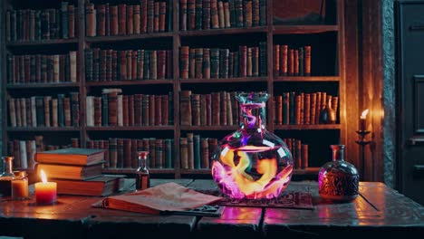 a mystical video scene with a low-angle view of a potion-filled flask on a wooden table