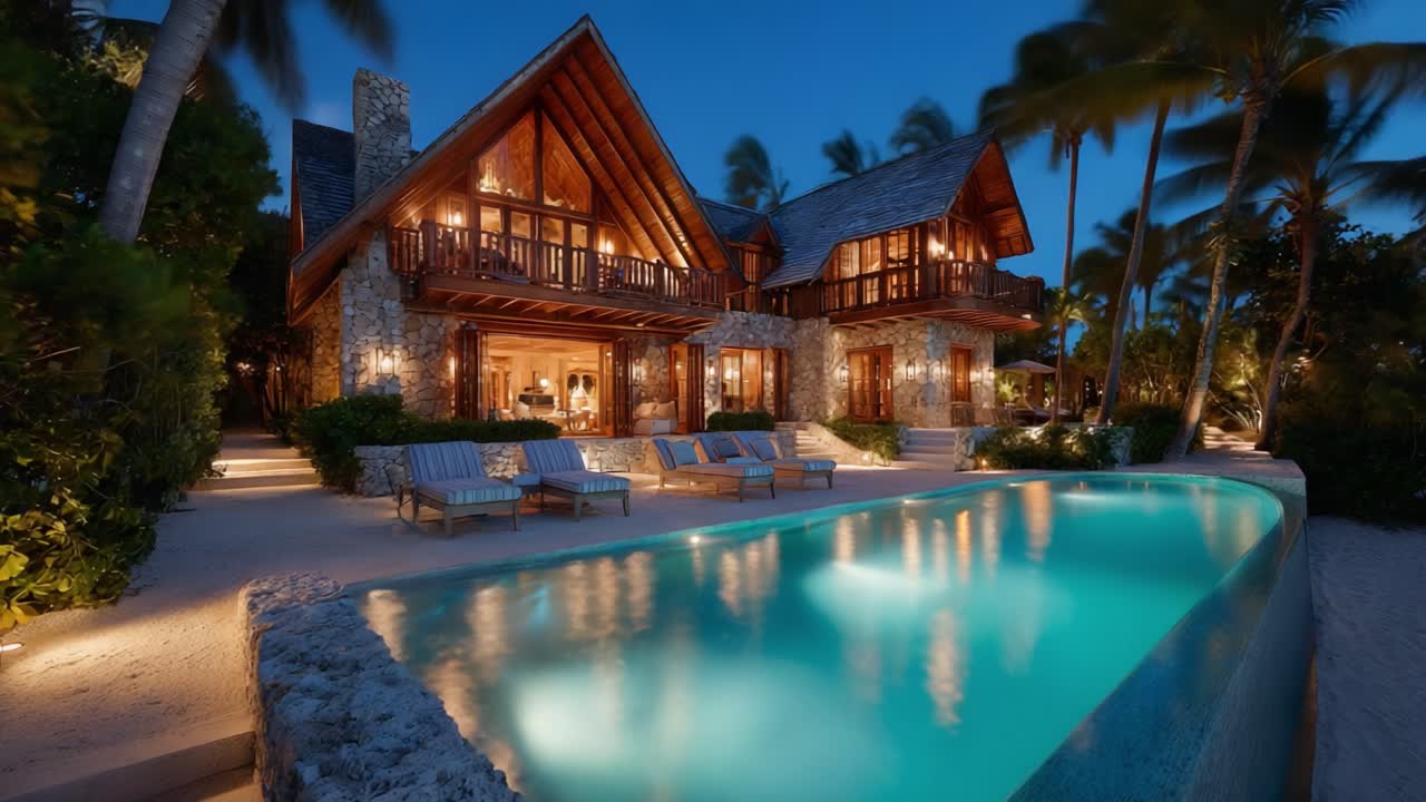Splendida villa moderna con piscina rilassante circondata da un lussureggiante paesaggio tropicale sotto il cielo notturno, che emana lusso e tranquillità in un'oasi di pace