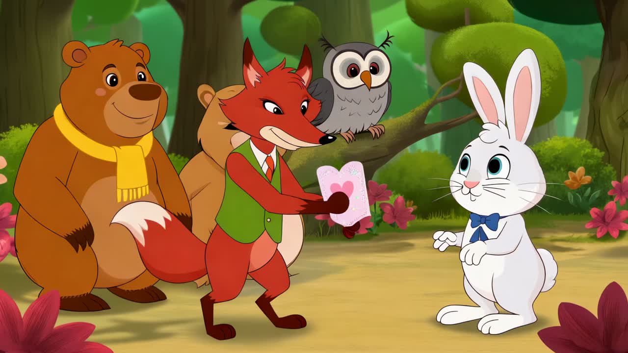Offering fox in vest holding pink heart card in forest, expressing love ...