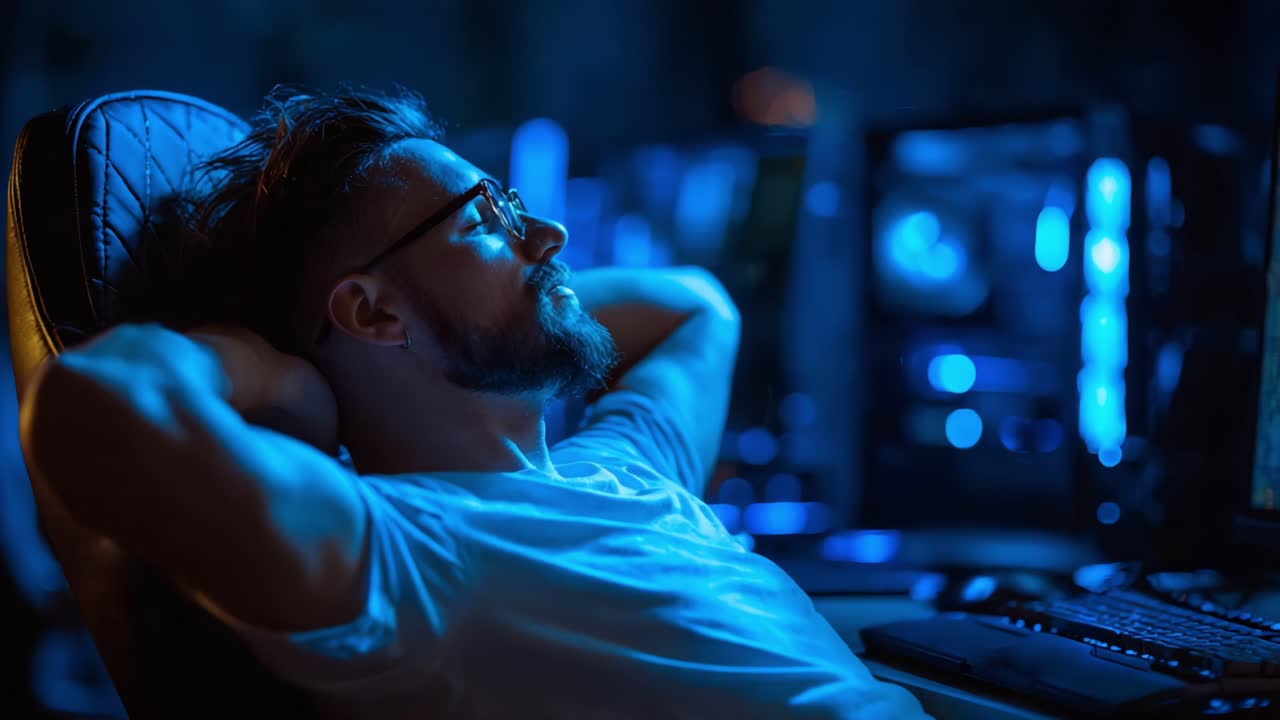 A Relaxed Individual Enjoying Leisure Time in a Modern Gaming Environment with Soft Blue Lighting Reflecting on Technology and Gaming Experience