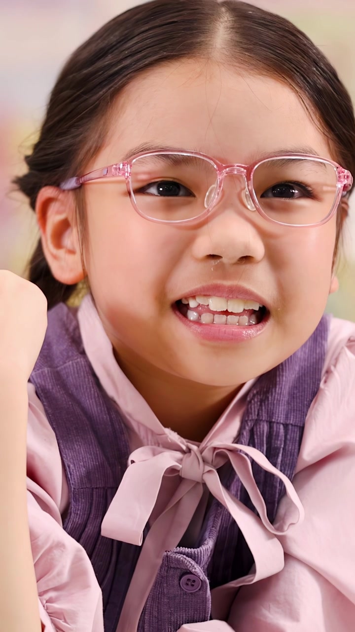 A happy young girl in pink glasses makes confident fist-pumping gestures during class