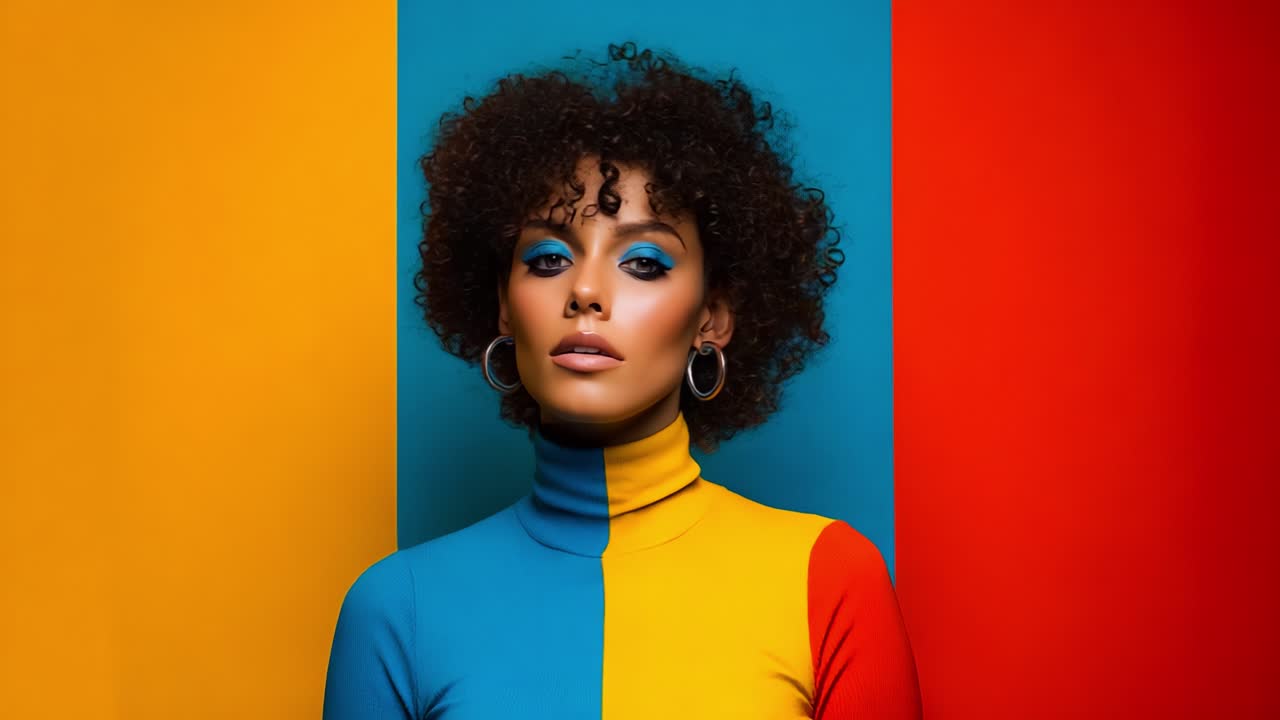 Striking Fashion Portrait of a Model Against a Vibrant Backdrop Featuring Primary Colors, Emphasizing Bold Style, Unique Makeup, and Dramatic Lighting in Two Distinct Frames Captured in a Stylish Setting