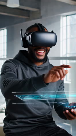 man interacting with virtual reality and a holographic figure