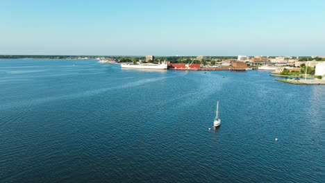 Aerial-pan-of-the-Busy-Muskegon-Lakeshore