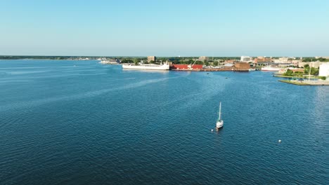 aerial pan of the busy muskegon lakeshore