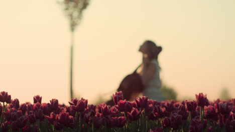 inspired musician female playing contrabass in flower garden in morning light.