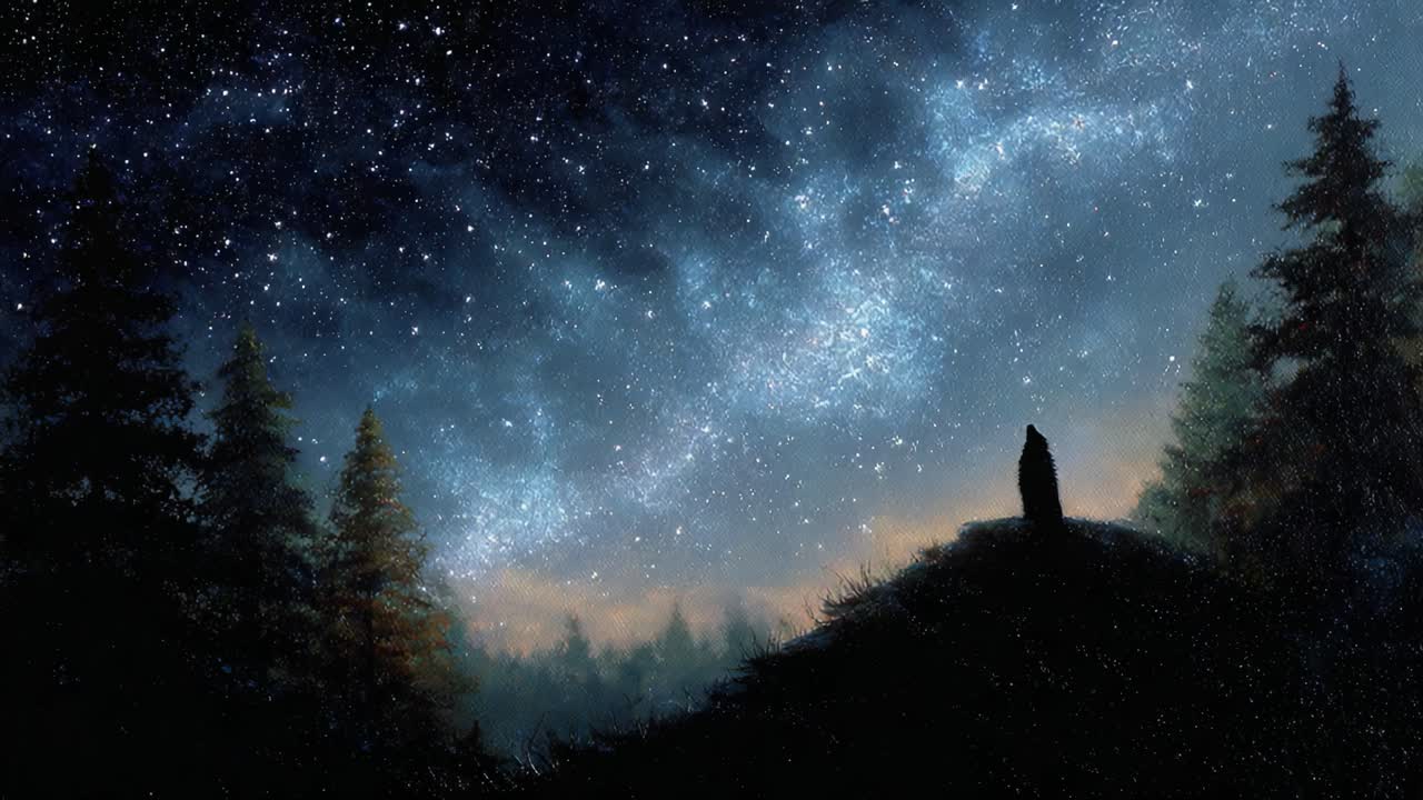 A solitary figure stands atop a hill under a breathtaking night sky filled with countless stars and a swirling galaxy, surrounded by dark, silhouette-like trees and ethereal beauty